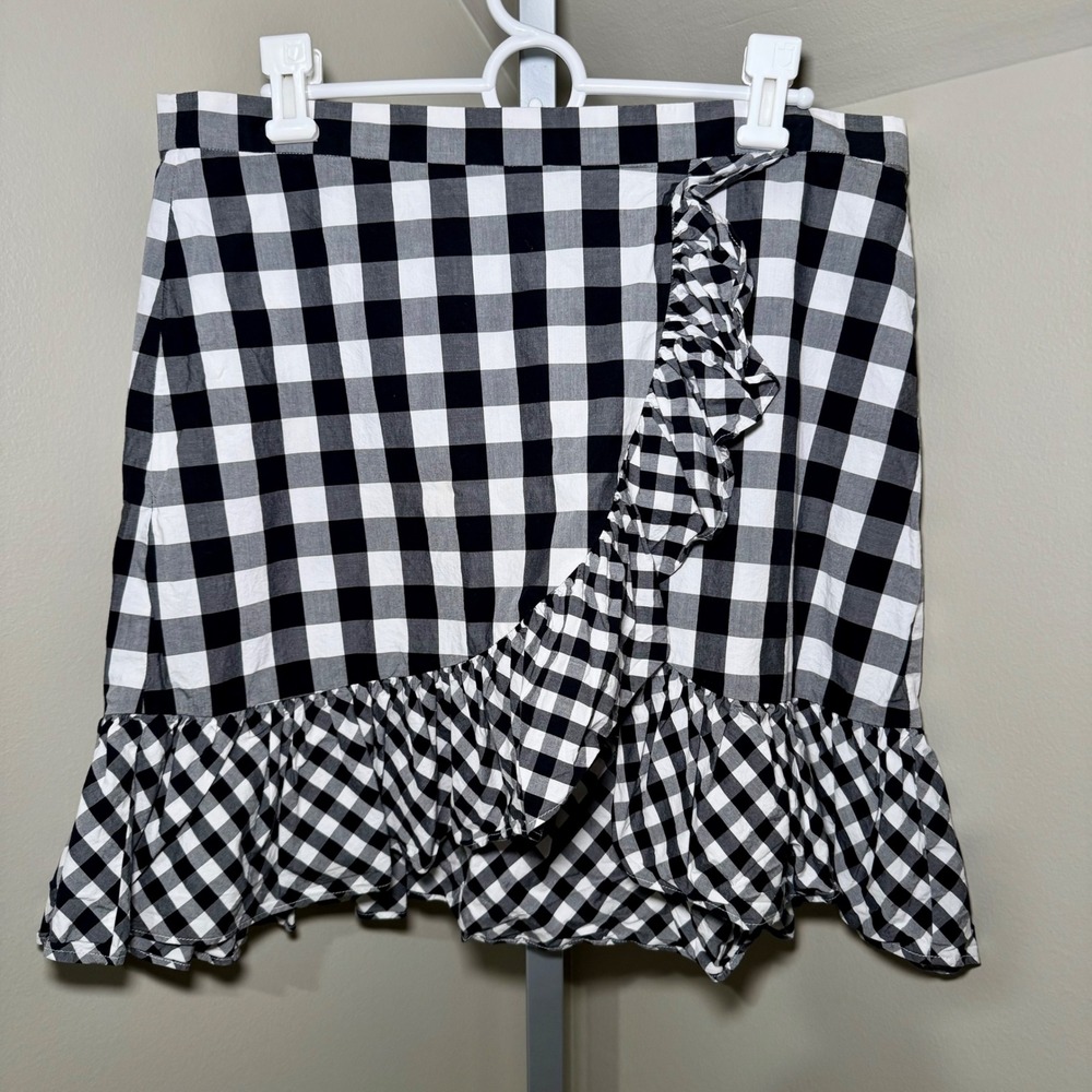 J. Crew Black White Gingham Ruffle Wrap Mini Skirt Size 12